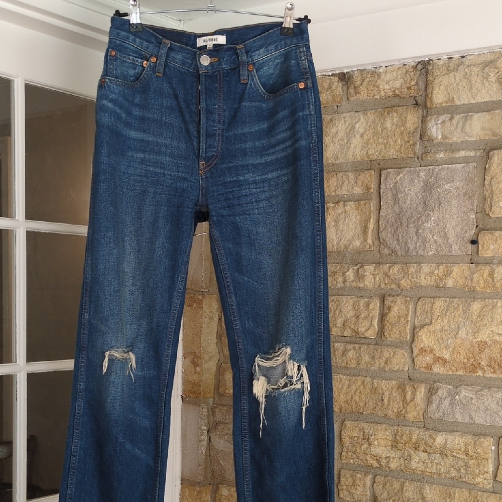 Re/Done Blue Straight Leg Distressed Jeans